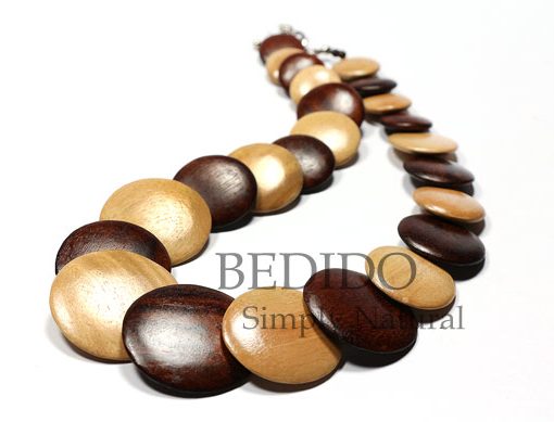 alternate brown natural flat wood beads necklace